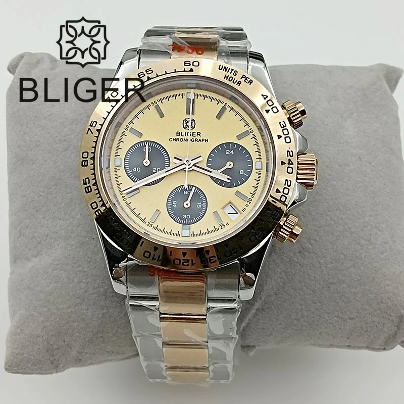 BLIGER 39mm Luxury Fashion Men Watch VK63 Movement Quartz Chronograph Rose Gold Case Bracelet Sapphire Glass Yellow Dial Reloj