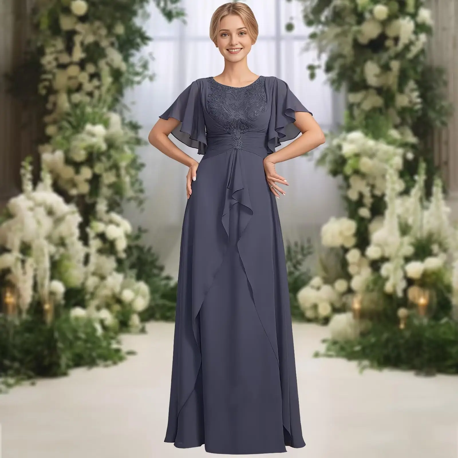 

Lace Chiffon Mother of The Bride Dress with Pleated Short Sleeve Formal Wedding Guest Dresses A Line