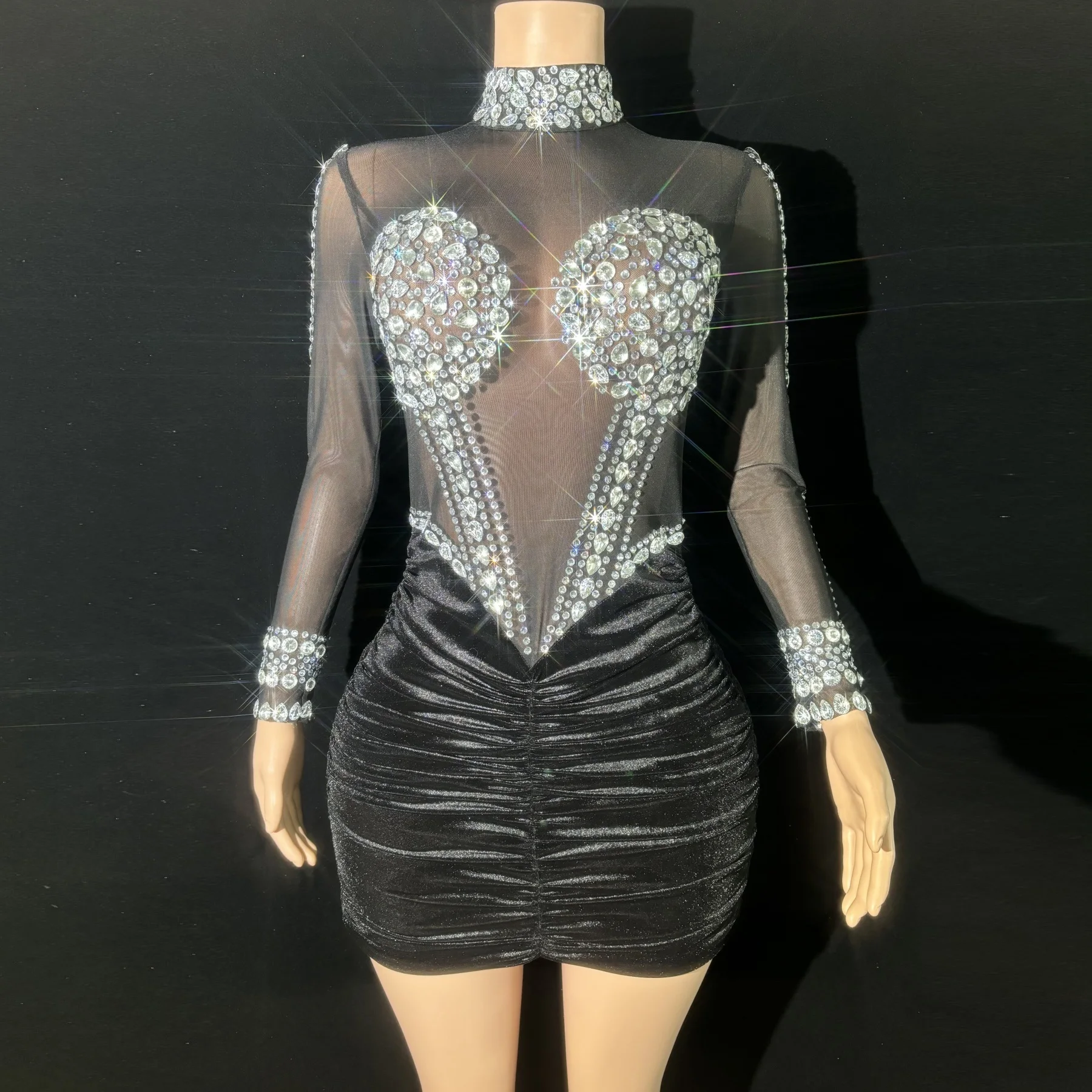 

Black Velet Sexy See-Through Sheath Mini Dress Nightclub Bar Performance Custome Singers Dancer Stage Wear Evening Party Dress