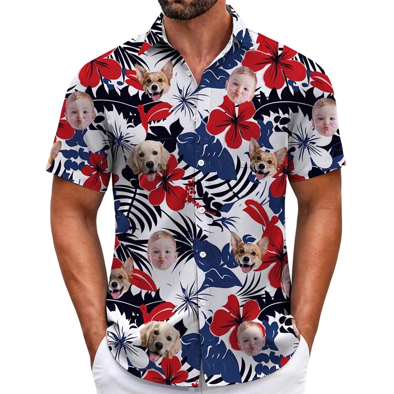 

Flowers And Fruits Print Casual Hawaii Shirt Men's Clothing Custom Face Photo Personality Shirts Custom Pet Dog Child Photo Top