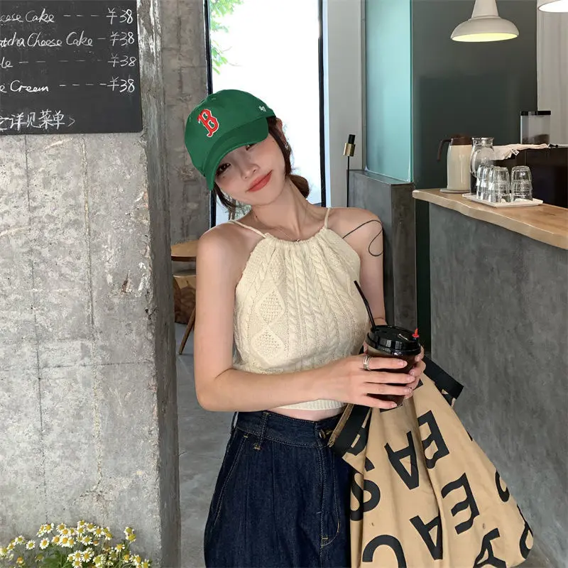 Halter Sexy Crop Top Women Knitted Camis Tank Tops Sleeveless Off Shoulder T Shirt Vintage Y2k Clothes Fashion New