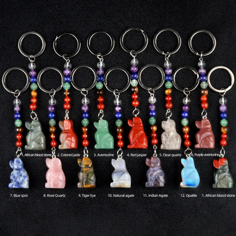 

10pcs Carving Puppy Dog Stone Pendant Key Rings 7 Chakra Bead Chain Animal Charms Keychains Crystal Keyrings for Women Men