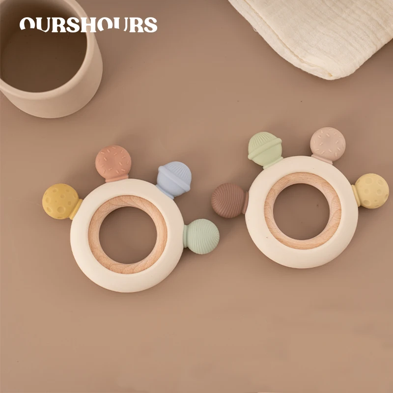 

Baby Silicone Wooden Teethers Food Grade Newborn Soothing Teething Toys Cute Infant Chewing Toy for Boys Girls Gifts BPA Free