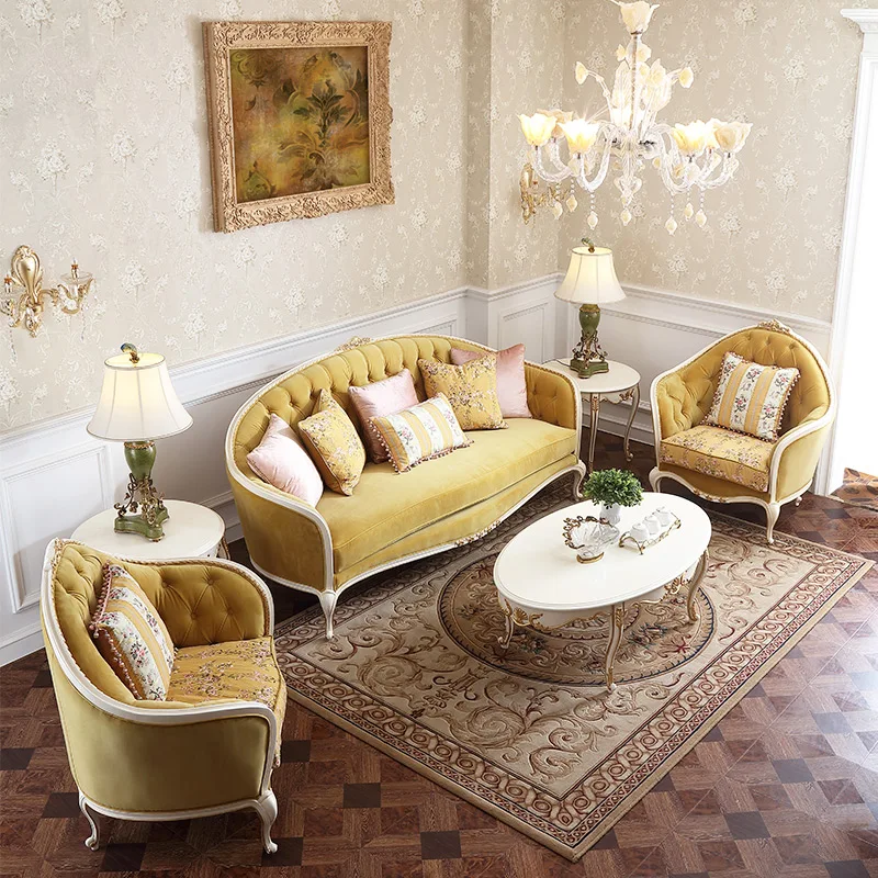 

Royal Style Antique Luxury Living Room Furniture Velvet Sofa Set Fabric Cover Wooden 3 Seater Sofa