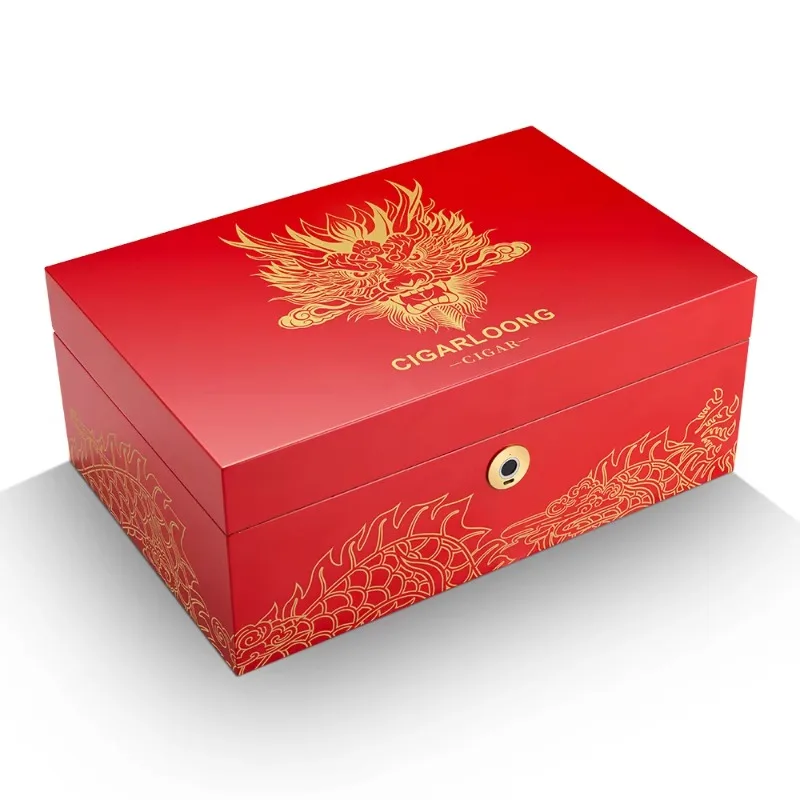 

New Design Cedar Wood Fingerprint Lock Chinese Red and Gold Dragon Pattern Solid Wood Cigar Humidor Box with LED Light