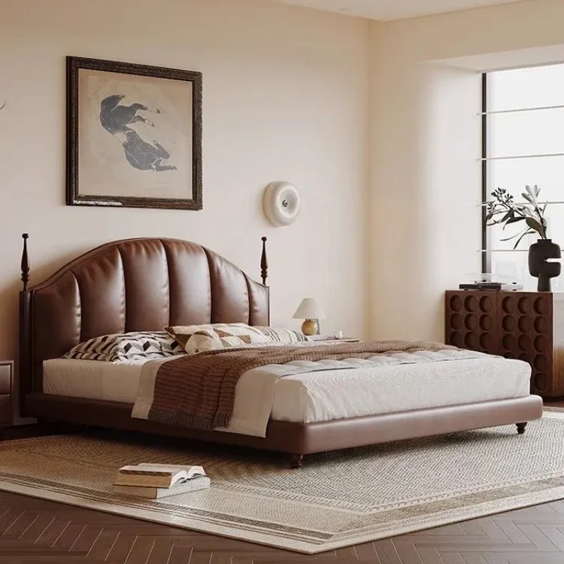 French retro leather bed antique oil wax leather bed light luxury master bedroom first layer cowhide double bed