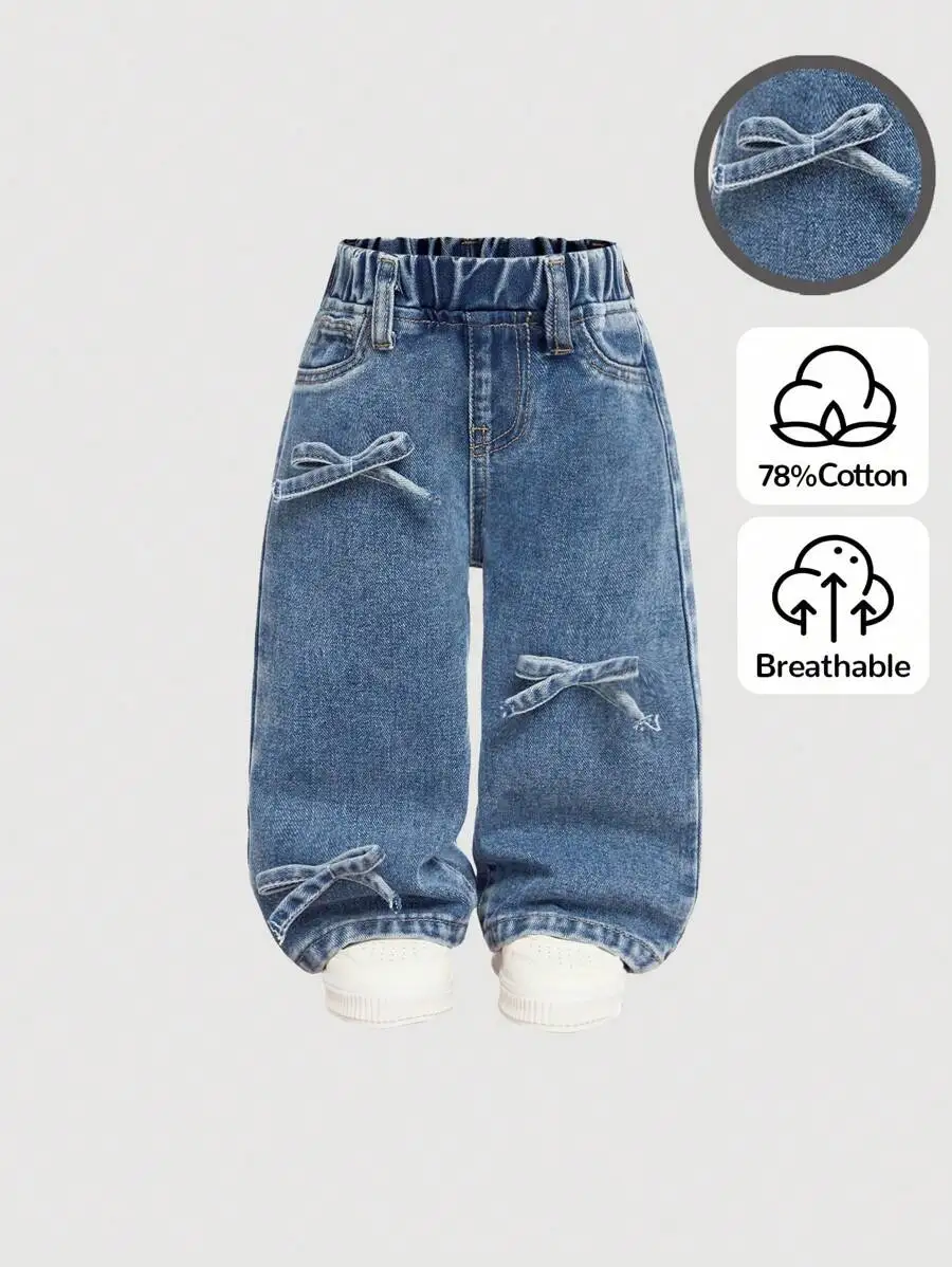 

Baby Girls Blue Denim Wide Leg Pants with Bowknot Detail, Breathable Cotton Blend