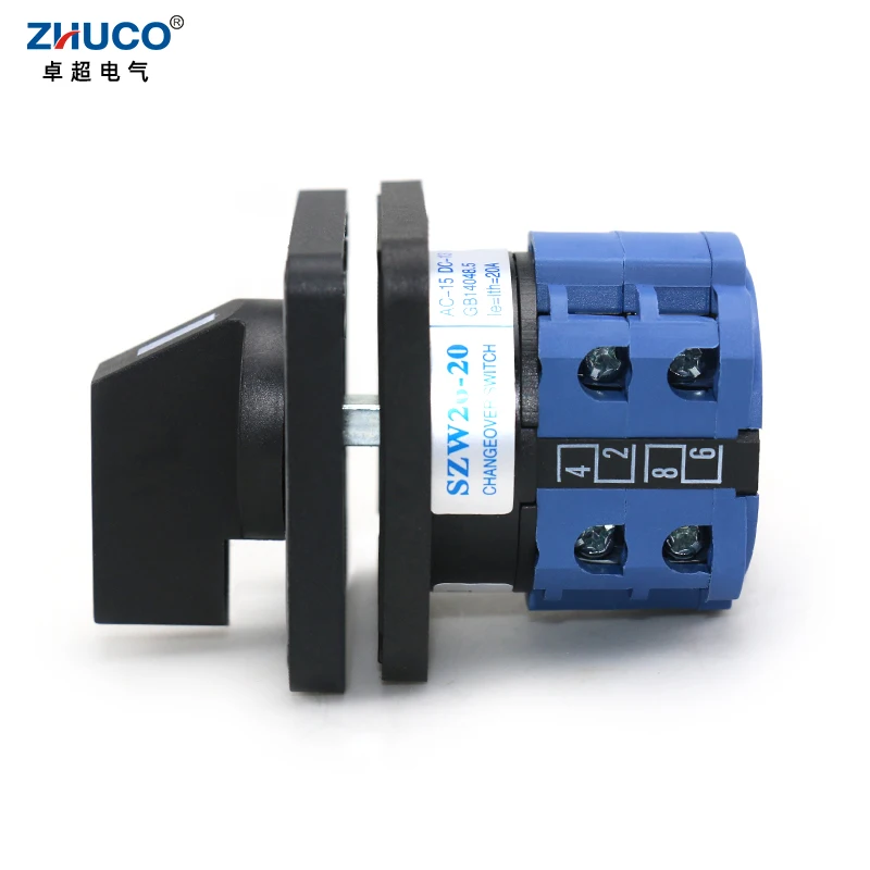 ZHUCO SZW26/LW26-20/B202.2 20A 660V 1-0-2 Two Pole Three Position 64X64 48X48 mm Panel Transfer Momentary Changeover Cam Switch