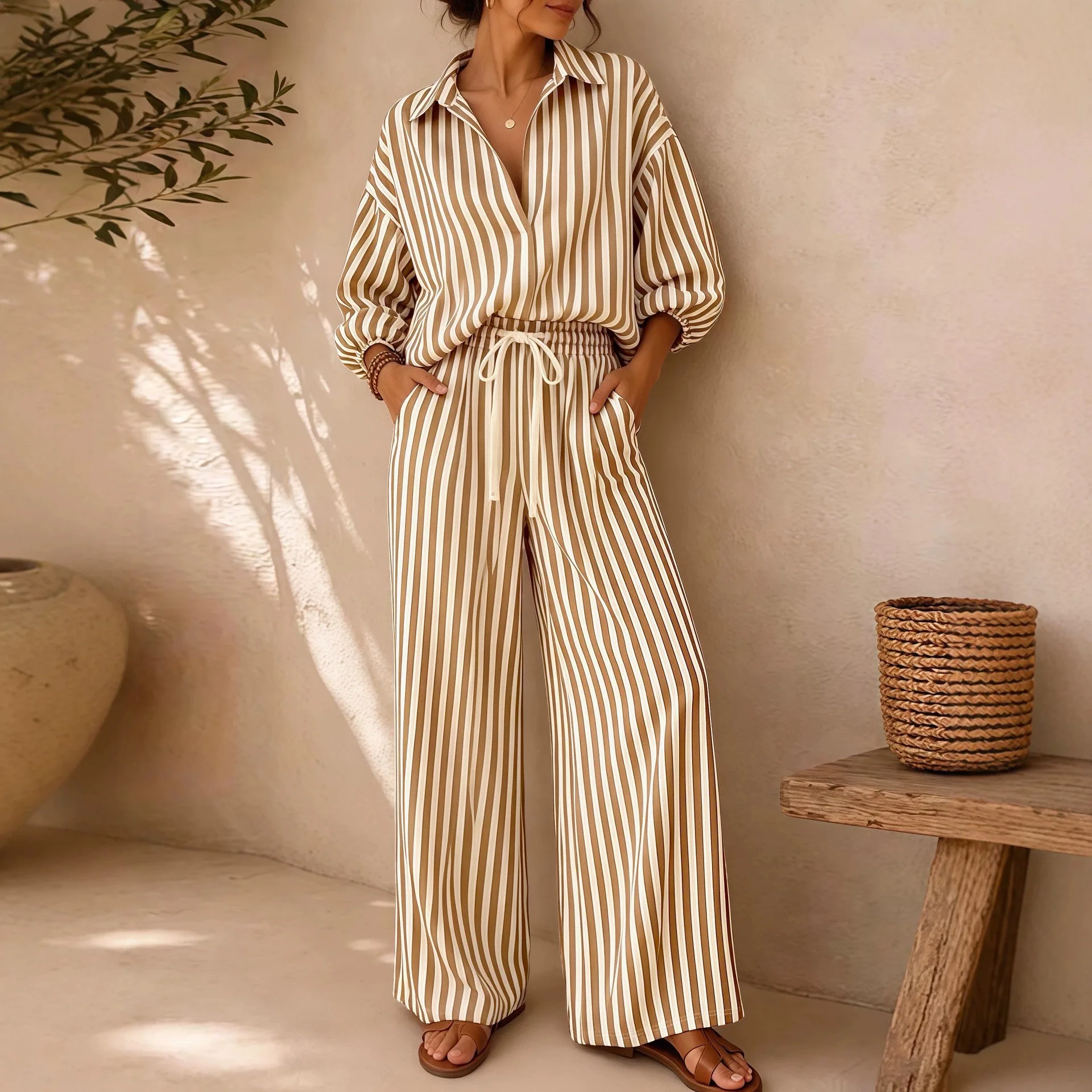 Women Striped Three-Quarter Sleeve Turn-Down Collar Top And Straight Pants Two Piece Set