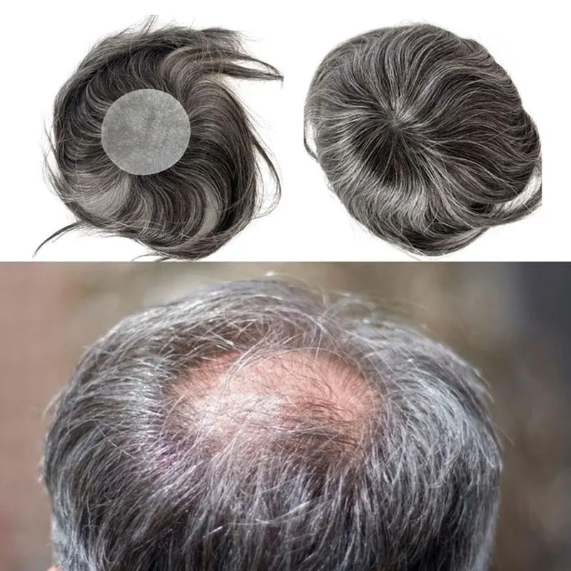 Men's Hair Patch 8x8cm Full PU Skin Base Salt and Pepper Human Hair Crown Topper Small Hairpiece for Bald Spot Coverage 1B40#