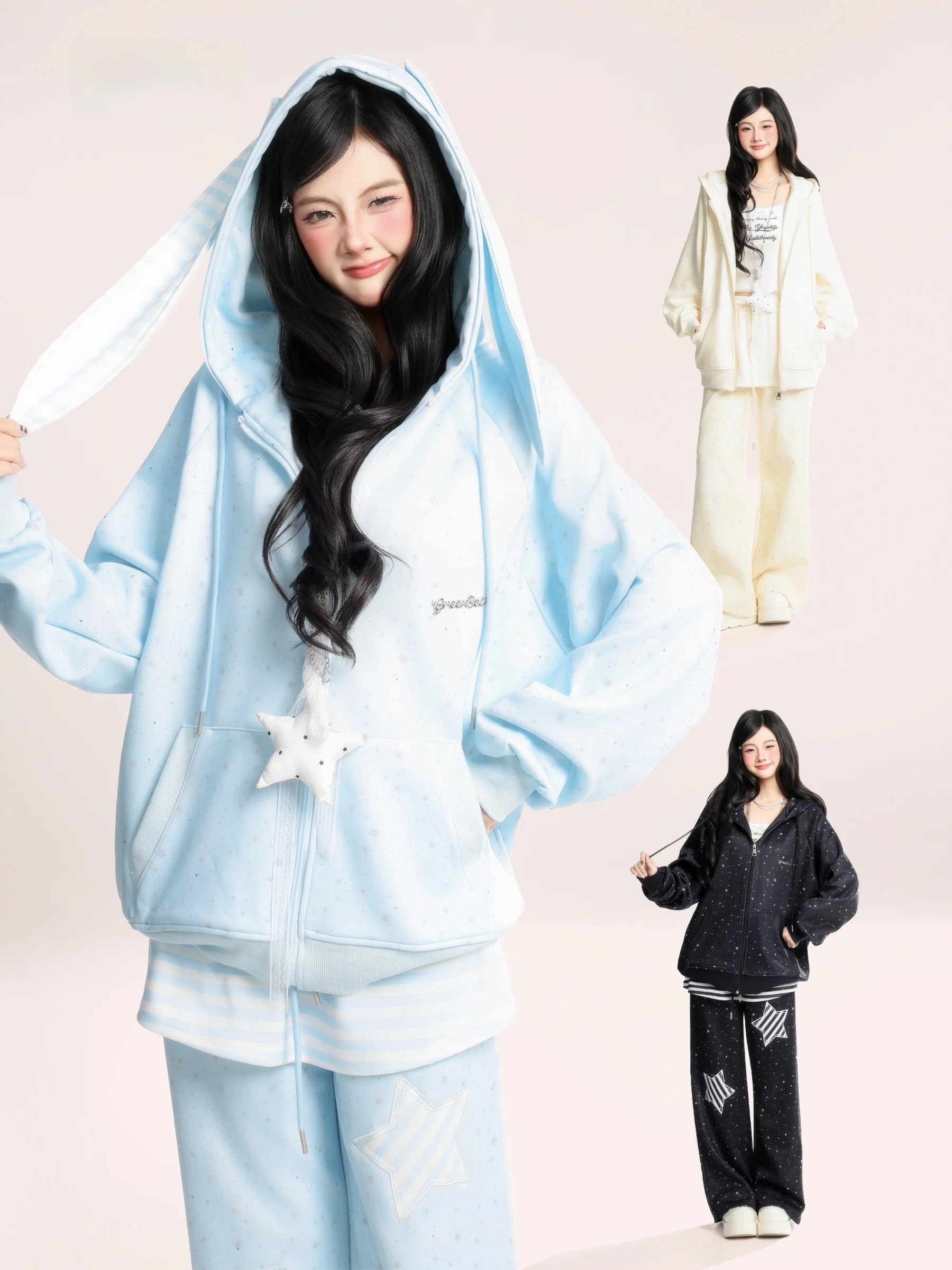 

Новый весенний комплект Sweet HM: свободная толстовка и брюки из полиэстера для женщин, милый дизайн, приталенный крой, длинный рукав, застежка-молния