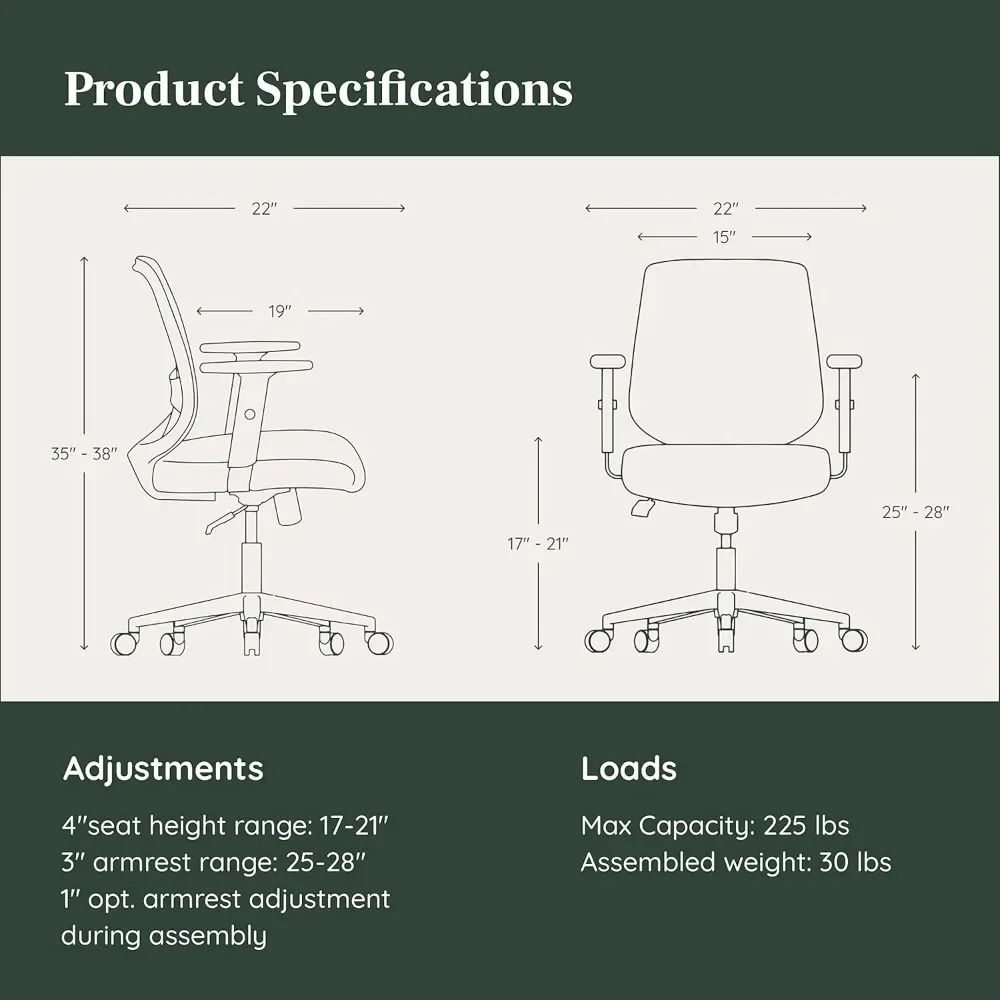 Computer Office Chair with Swivel, Lumbar Rest, and Adjustable Armrests - Sustainable, Stylish Mesh, & Adjustable Armrests,Slate