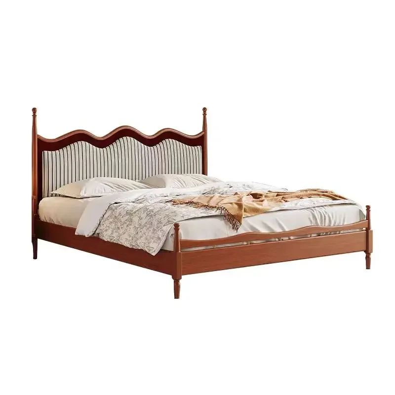 

# Горячая для скандинавской деревянной кровати, современная простая винтажная главная спальня, двуспальные свадебные деревянные кровати, тканевая спинка, каркас кровати King Sized