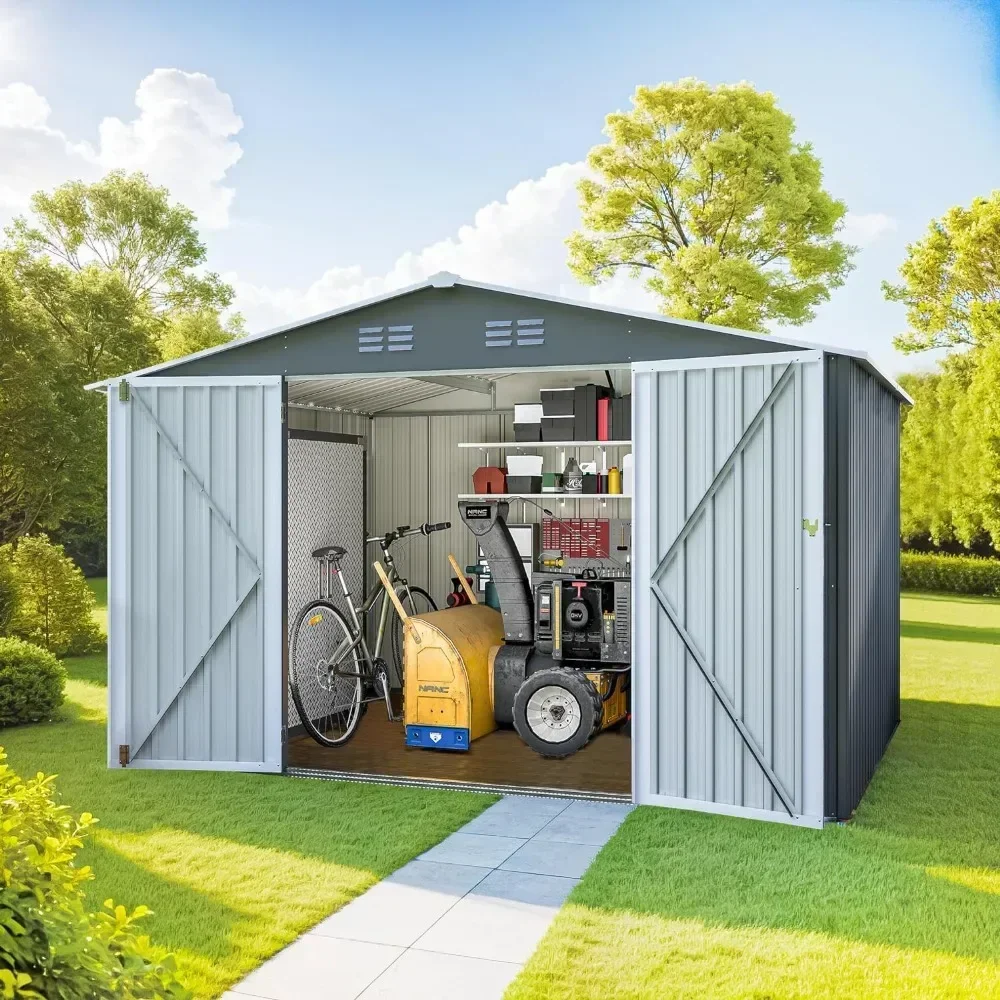 10 x 8 feet outdoor shed, metal anti-corrosion utility room with lockable doors and louvered ventilation openings,outdoor shed