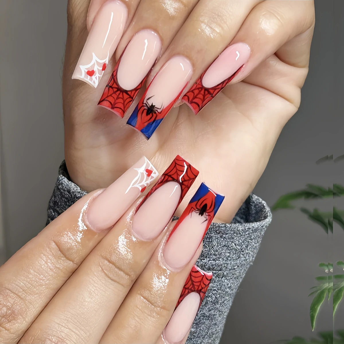 24pcs Coffin Shaped Press On Nails With Red Spider Web Design And Heart Decor, Including 1 Nail File And 1 Jelly Glue Nail Suppl