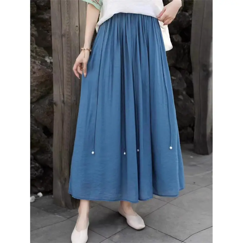 

Large Size Women's 2025 Spring Summer High Waisted Cotton Linen Skirt Artistic Loose A-Line Casual Beachwear G091