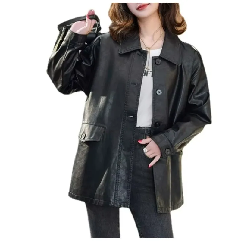 

Early Spring New Korean Style Fashion Mid-Length Women's Leather Coat Female Loose Pure Color All-Matching Leather Jacket 2025