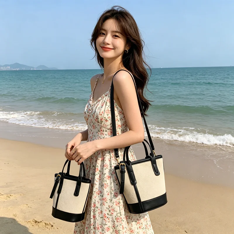 

Vintage Canvas & Leather Bucket Bag for Women, Casual Small Crossbody Shoulder Purse with Top Handle, Beige Brown Totes Bags