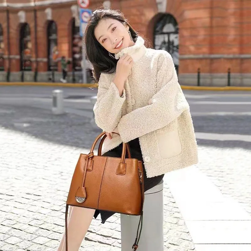 2023 New Women Genuine Leather Handbag Moms Large Capacity Tote Shoulder Bag For Female Solid Color Lady Crossbody Messenger