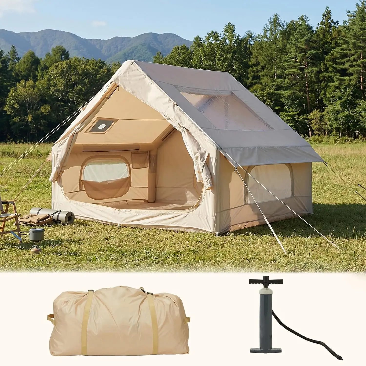 Image of Aufblasbares Zelt für Camping, Familienzelt für 4–6 Personen mit Dachfenster und Regenschutz, schneller und einfacher Aufbau, aufblasbares Campingzelt für den Außenbereich, zum Wandern und für