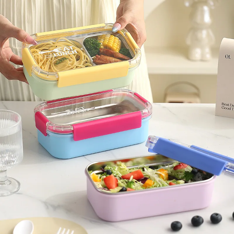 Fiambrera portátil de acero inoxidable 304, caja Bento disponible en microondas, calefacción para personal de oficina de estudiantes, contenedor de comida con tenedor y cuchara