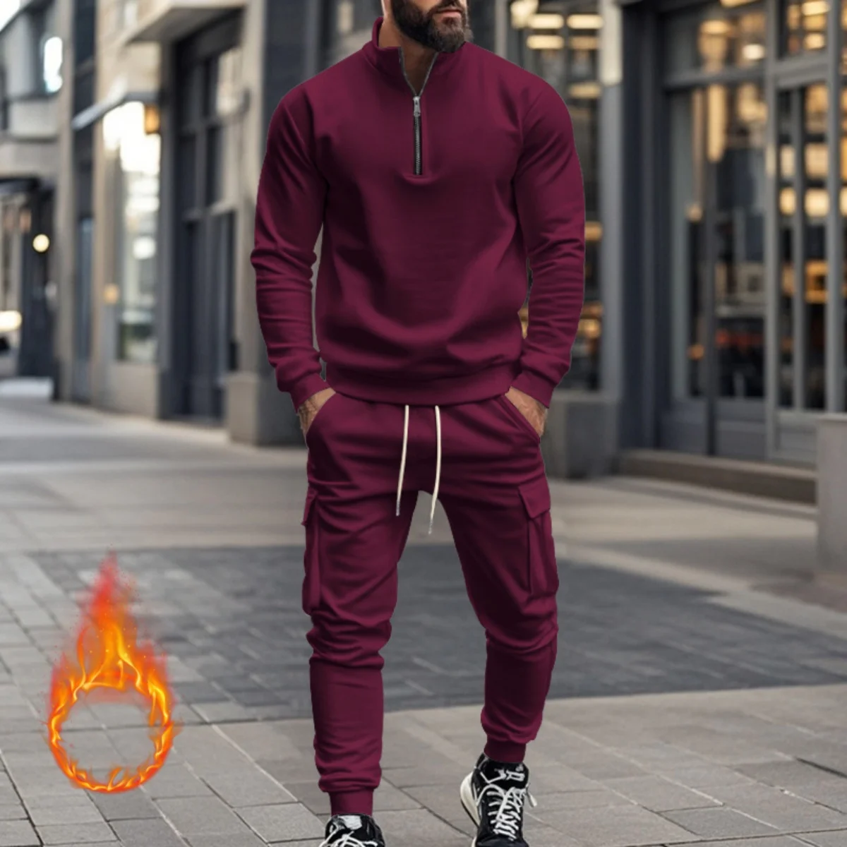 Men's 2025 Autumn/Winter Casual Fleece Half-Zip Standing Collar Sweatshirt And Fashion Street Style Sweatpants Work Pants Set