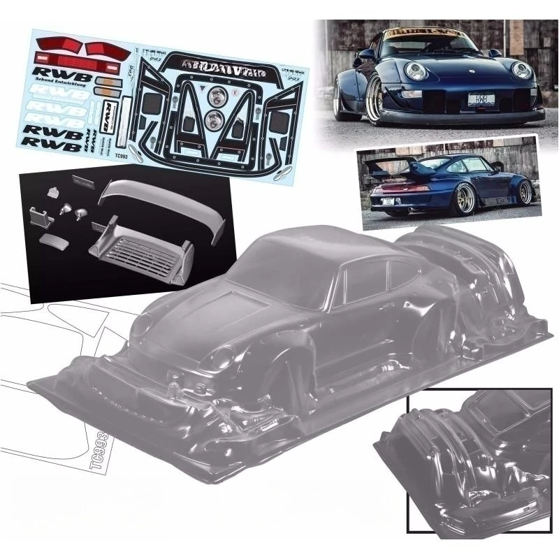 1/10 Porsch RWB 993 Body Shell,Widen RC Drift Body,Include Tail Wings /Light Buckles and Color Stickers Decals