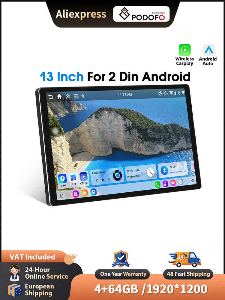 Podofo 13 Zoll Wireless Carplay Android Auto Radio für universelle intelligente Fahrzeugsysteme GPS-Navigation BT FM/RDS 2din Autoradio Head Unit SWC Auto Intelligente Systeme Multimedia Stereo EQ