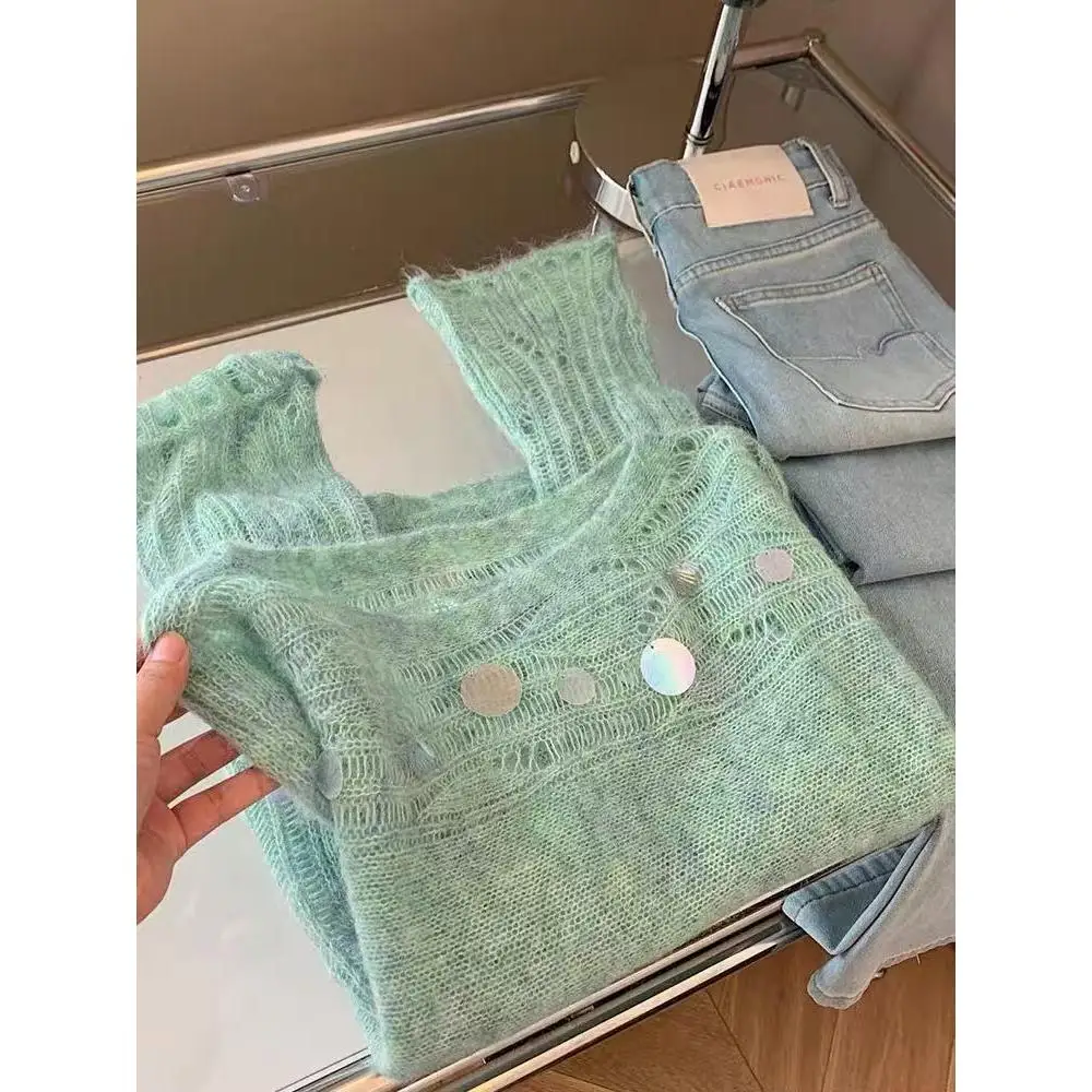 

Mint een Linen Hollow Knitted Wool Sweater Women's Camere Glittering Heavy Work Spring Autumn Winter Top