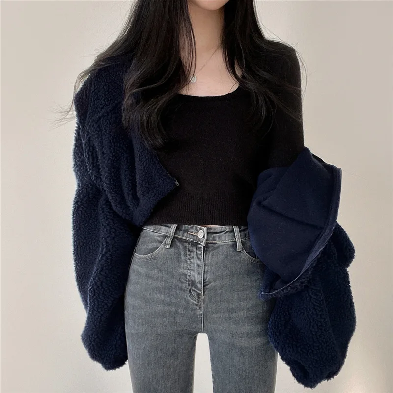 Koreanischer Stil Stehkragen-Hoodie mit Reißverschluss Übergroßer Damen-Hoodie für Herbst/Winter Lammwolle Langarm-Freizeitoberteil Y2K Streetwear-Stil – Detail 15