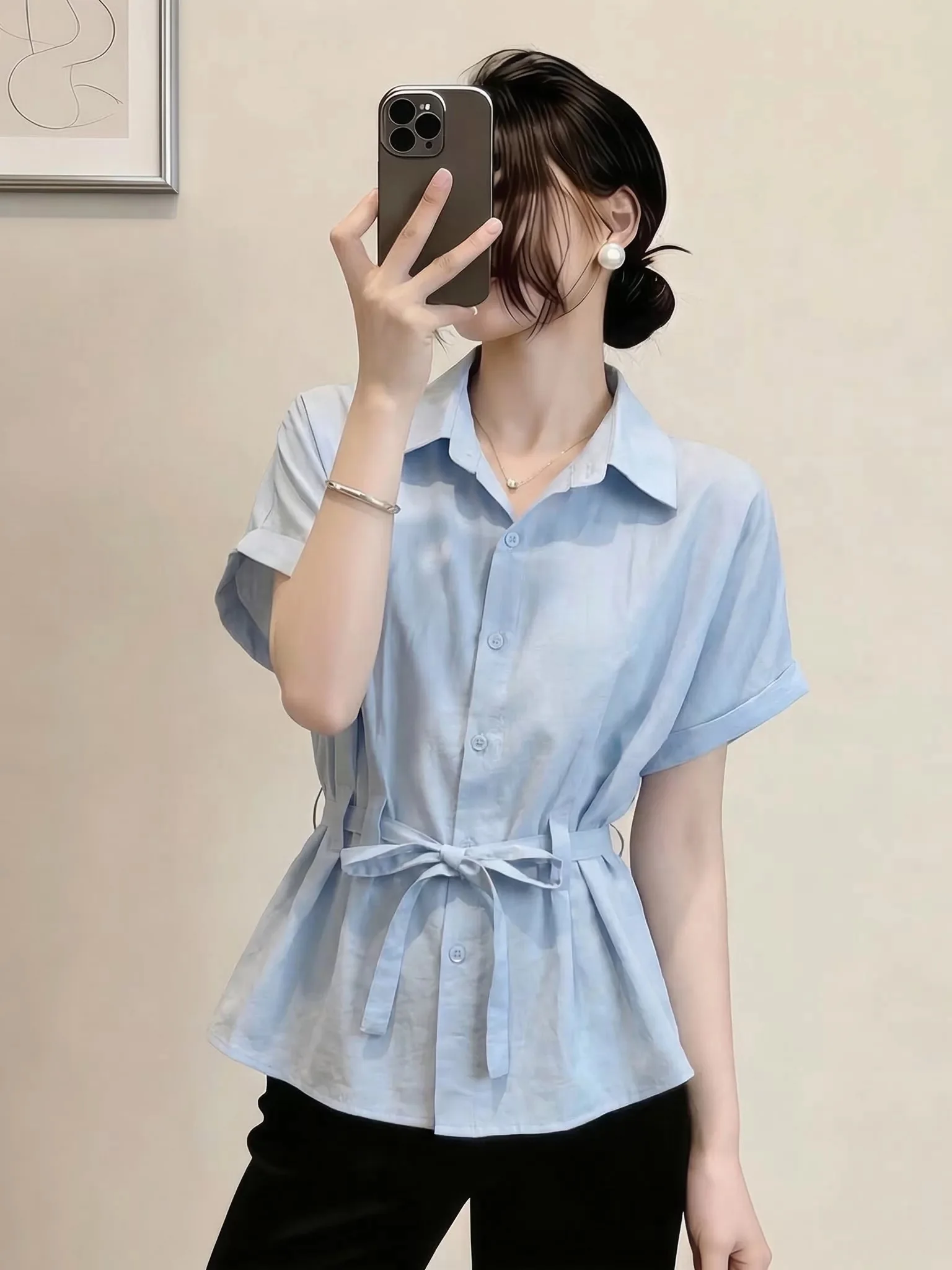 

Light Blue V-Neck Short Sleeve Shirt Women's plus Size Slimming Waist Design Spring Summer New Style Commute Style Casual Shirt