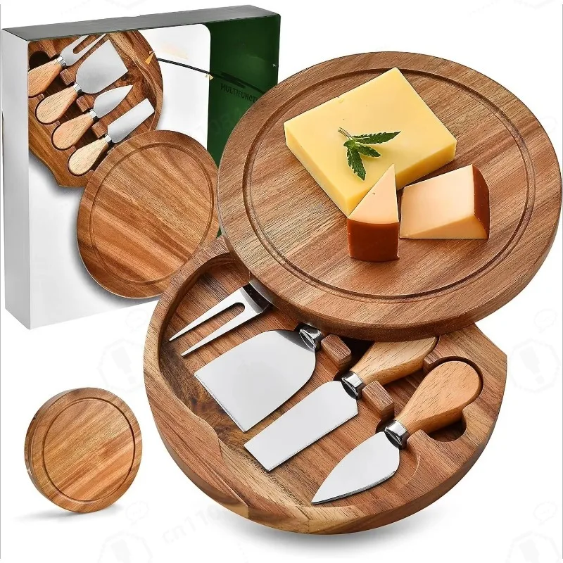 Acacia Wood Cheese Board Round Charcuterie Platter With Cheese Knives Forks Kitchen Serving Tray Food Plate