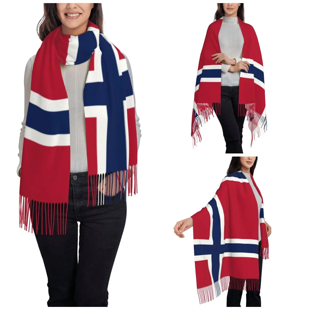 Women's Tassel Scarf Norway Flag Large Super Soft Shawl and Wrap Gifts Cashmere Scarf