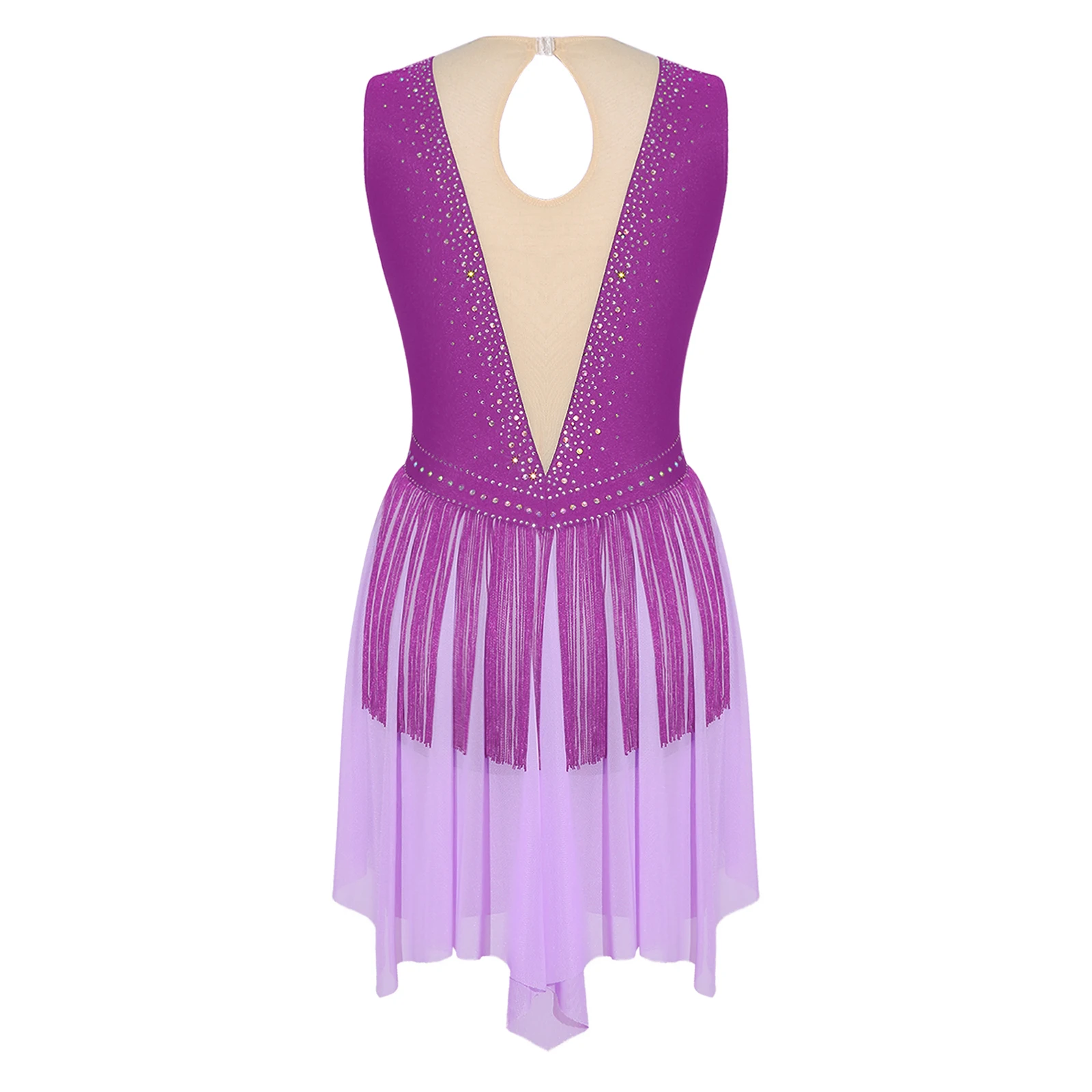 Womens Figure Skating Dress Rhinestones Tassel Sleeveless Contrast Color Mesh Leotard Dress Ballet Latin Rhythmic Dance Dresses