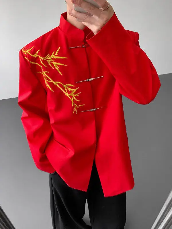 

Red Loose Men's Tailored Suit Outerwear Spring Autumn National Sle New Chinese Faion Wedding Ceremony Western Suit Trend