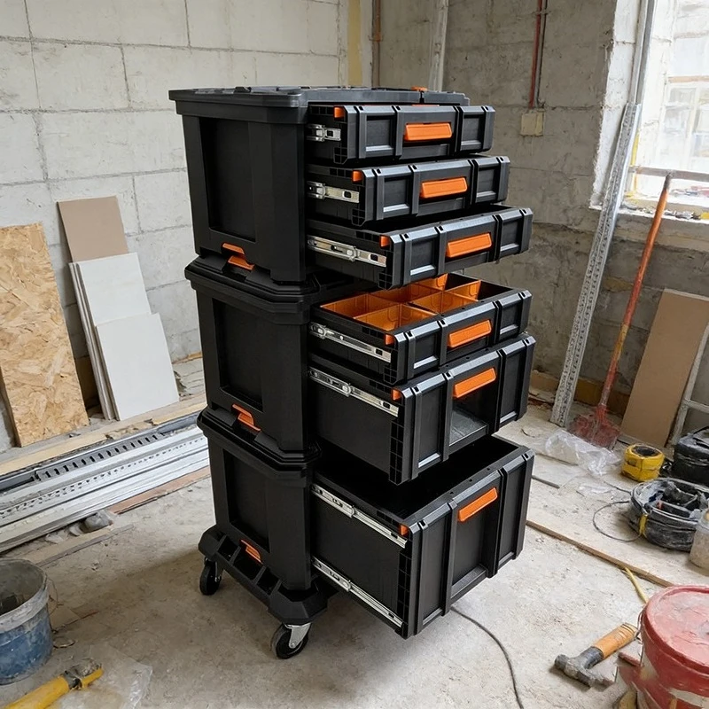 Stackable Toolbox Movable Portable Toolboxes Set Multifunctional Plastic Tool Storage Box Large Tough Build Toolboxes with Wheel