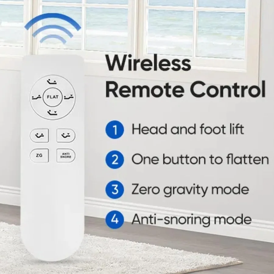 إطار سرير مزدوج XL قابل للتعديل مع أرجل قابلة للتعديل إطار قاعدة سرير كهربائي مع جهاز تحكم عن بعد لاسلكي 3 قضبان تثبيت بدون جاذبية