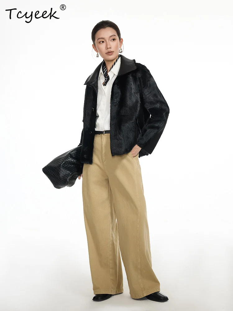 Tcyeek Real Wool Autumn Winter High End Trendy Lapel Wear Solid Color Short on Both Sides Women's Wool Shearling Fur Coat