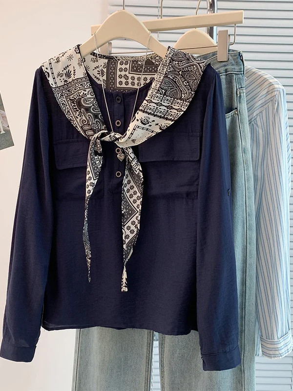 

Осенний новый женский длинный све, круглый шарф с принтом Ne, повседневный прямой крой из смеси хлопка, модный универсальный топ