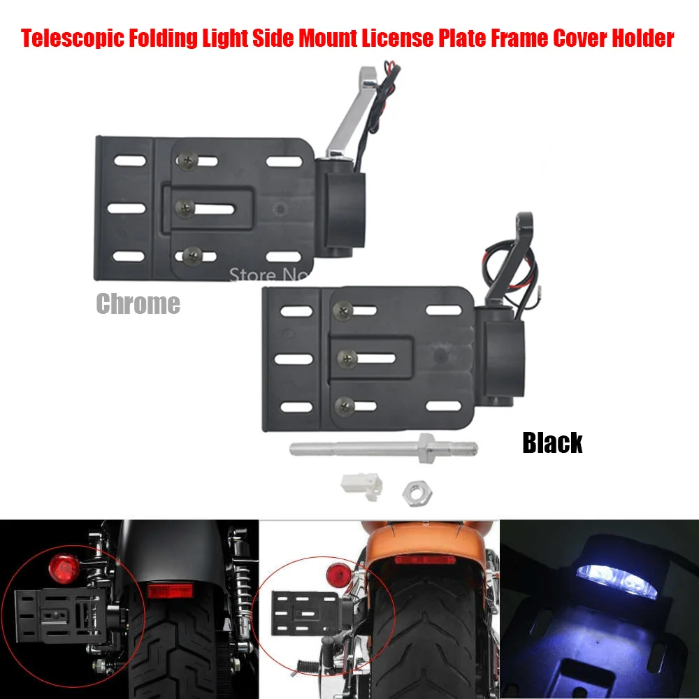 For Harley Sportster XL 883 1200 48 Motorcycle Telescopic Folding Side-Mount License Plate Frame LED Taillight Holder Adjustable