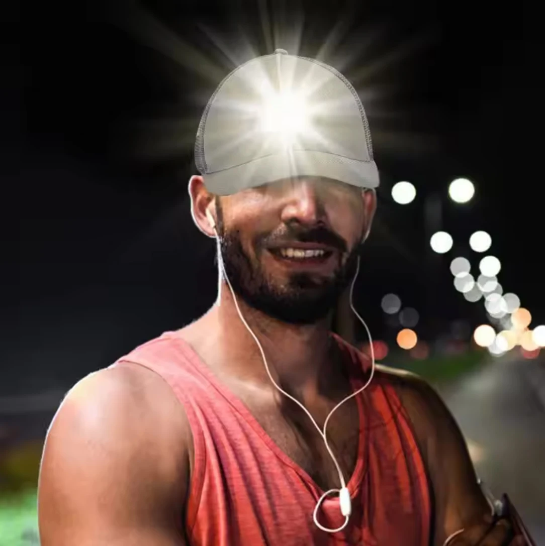 USB 충전식 LED 야구 모자 - 3단계 밝기 조절 헤드 램프 (러닝/하이킹용) 조절 가능한 라이트업 캡 (스포츠 모드 포함)