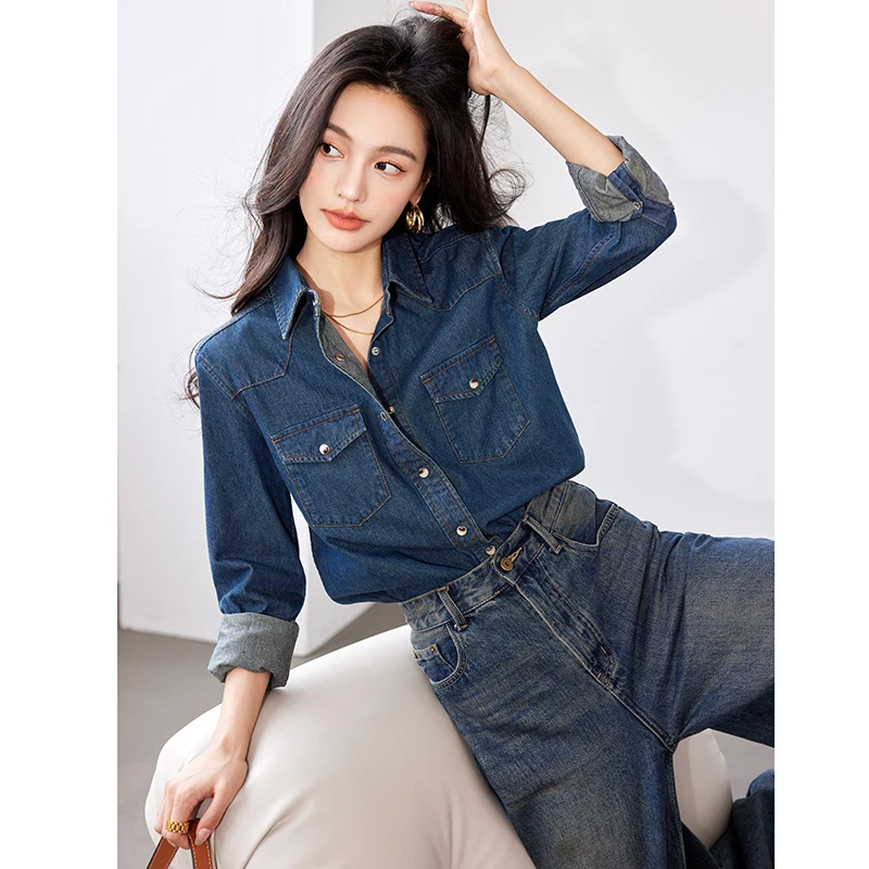 Autumn Women Lapel Button Blue Long Sleeves Denim Jean Shirts Pocket Slim Tops Blouse Blusas Mujer