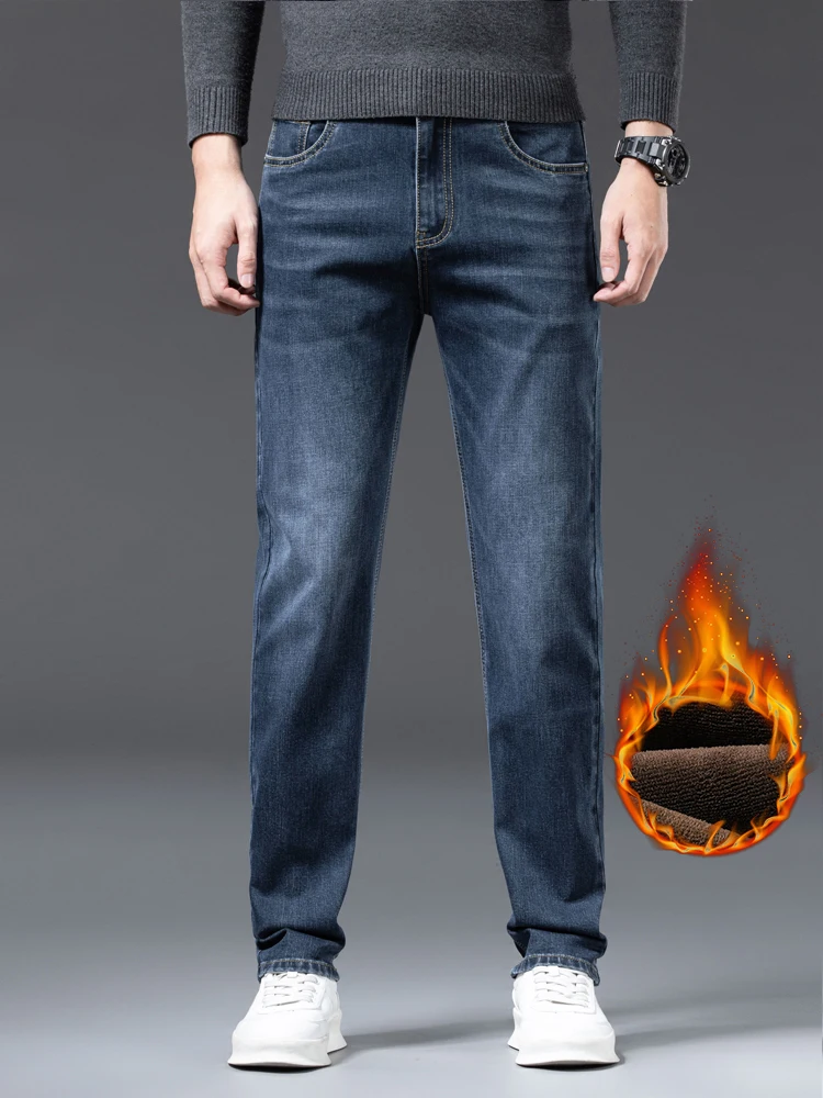 سميكة الصوف الجينز الرجال الشتاء مستقيم موضة عادية المخملية بنطلون مريح سليم العلامة التجارية الدافئة أفخم سراويل جينز #2
