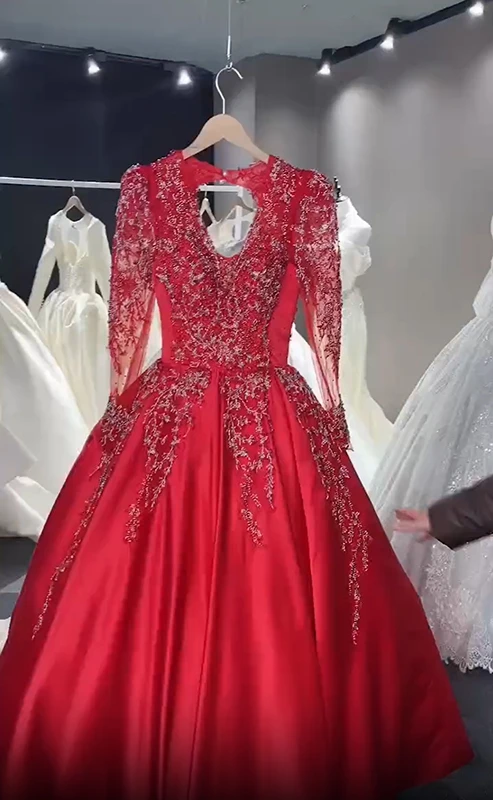 Abiti da sposa rossi Abito da cerimonia nuziale con scollo a V profondo Abito da ballo da sposa a maniche lunghe Colore e dimensioni personalizzati 2025