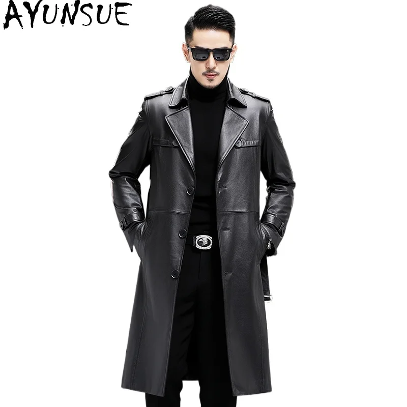 

AYUNSUE Мужская куртка из 100% натуральной яловой кожи, зимний длинный кожаный плащ 2025 года, съемные белые пальто на подкладке на утином пуху