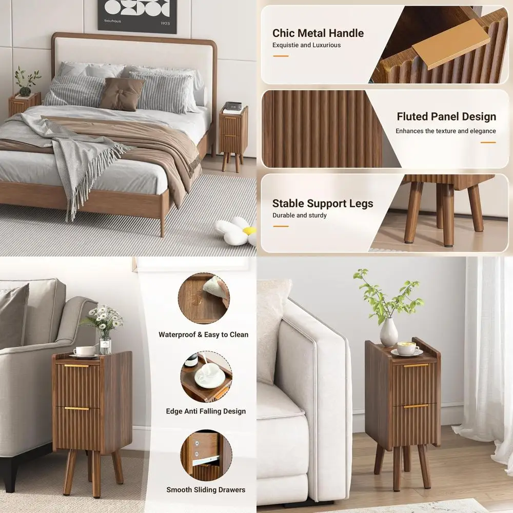 

Тумбочка из орехового дерева 7.9 Slim с ящиками, современный рифленый дизайн для небольших помещений