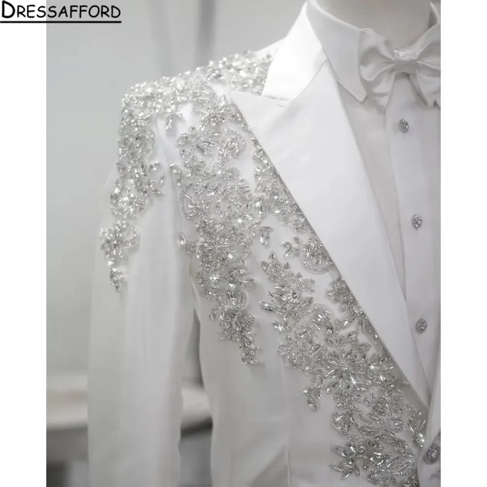 White Suits Men For Wedding 2 Pieces Jacket Pants Crystal Beaded Appliques Groom Tuxedo Formal Business Banquet