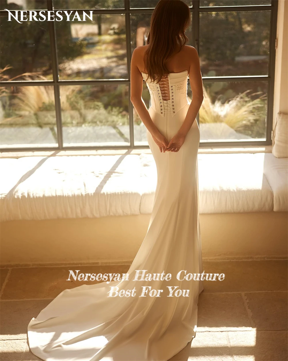 Nersesyan Vintage Glitter Mermaid Wedding Dresses Off Shoulder Pleats Beads Bridal Gowns High Side Slit Backless Bride Dress