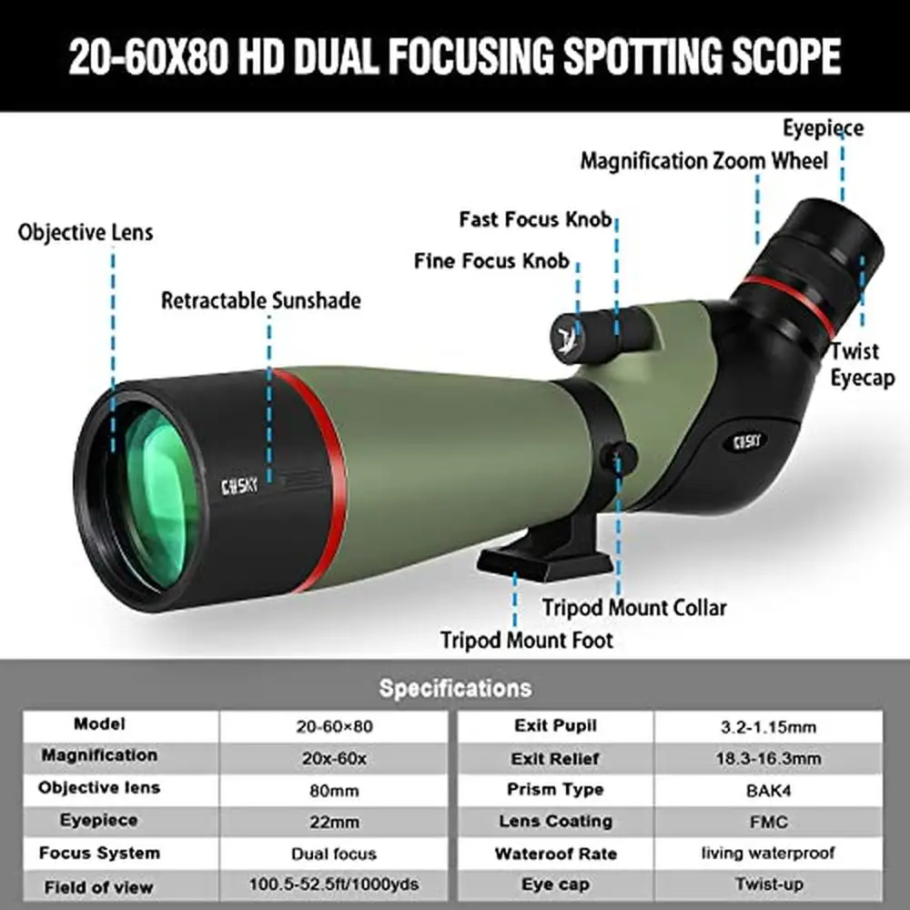 High Definition 20-60X80 Spotting Scope BAK4 Prism Dual Focusing Wheels Tripod Adapter Bird Watching Wildlife Smartphone