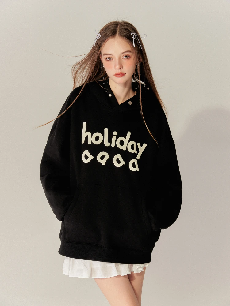 Hooded Sweater Women's American-Style Retro Suede Thickened Warm Letter Printing Loose Couple Fashion All-Matching Autumn Winter